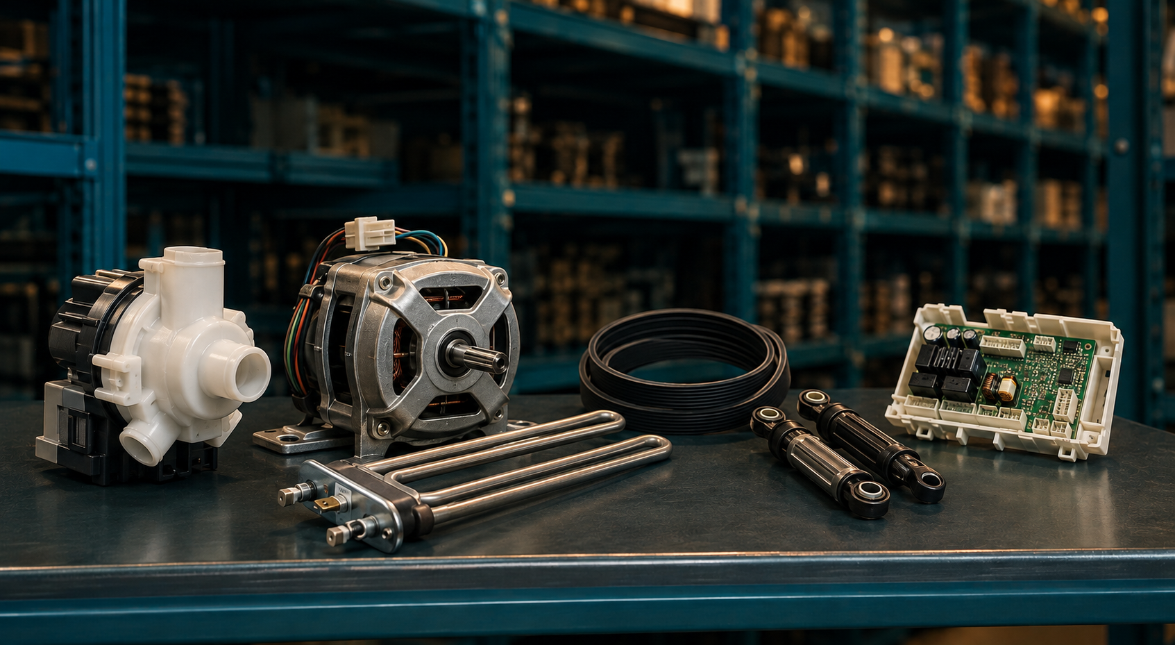 Washing and drying machine spare parts arranged in a warehouse